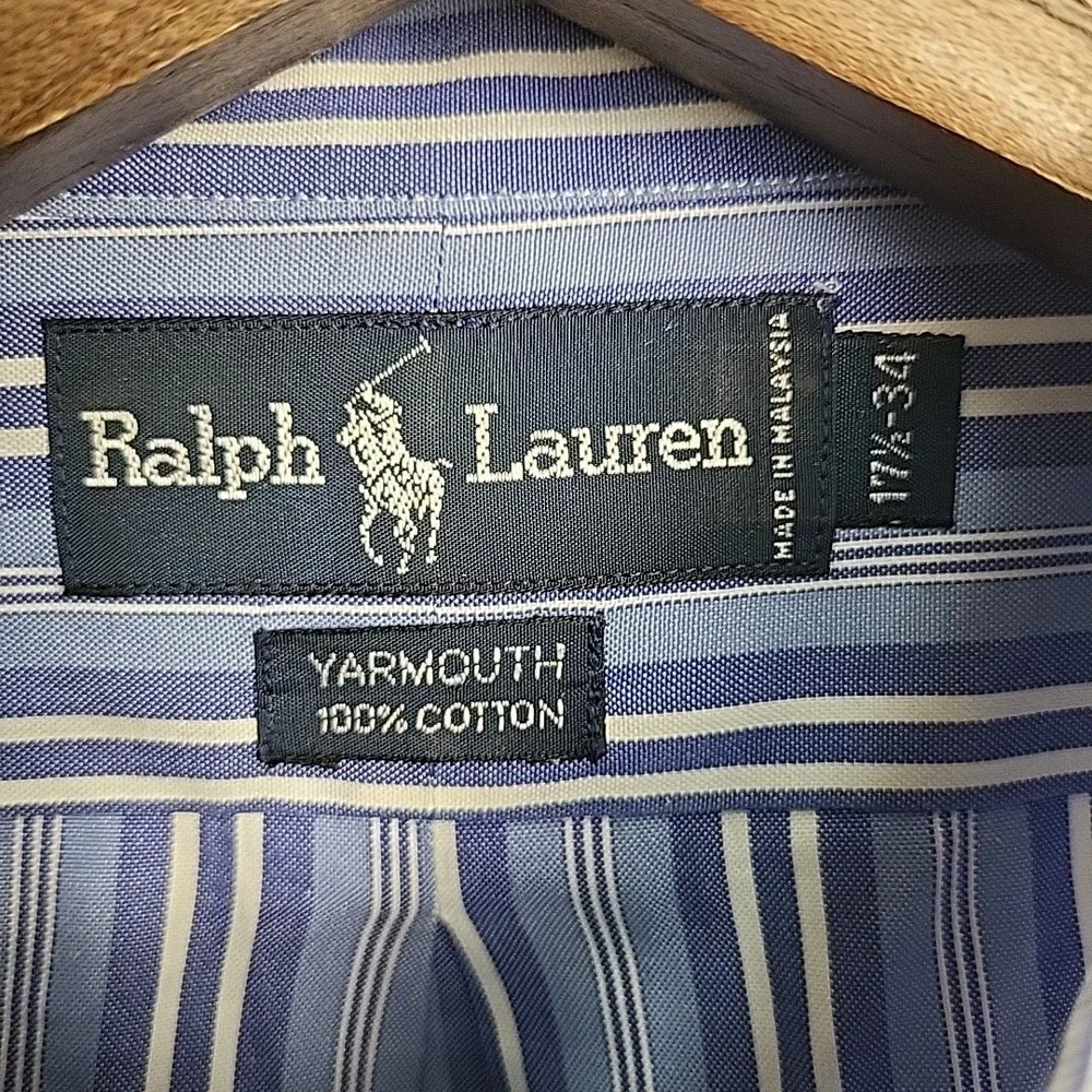 Polo Ralph Lauren Yarmouth Mens 17 1/2  34 Button Down Blue Stripes‎ Flesh Pony